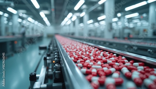 Wallpaper Mural Red and white capsules move on a production line in a sterile pharmaceutical factory. Automated machinery conveys pills for mass manufacturing and healthcare. Torontodigital.ca