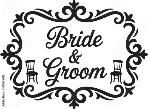 Elegant Bride and Groom Typography with Chair Silhouettes and Decorative Frame Ideal for Invitations and Graphic Projects with Style 130