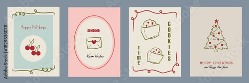 Hand drawn la dolce vita Christmas doodles. Vector illustration cards icon with letter, christmas tree. Minimalist winter line art for invitations, stationery, printables, social media, wall art.