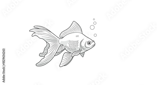 Black and white drawing of a goldfish swimming with bubbles rising.
