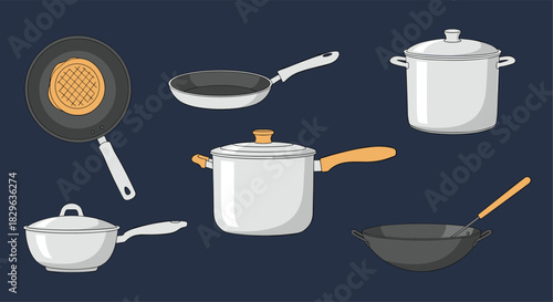 A variety of cartoon cooking pots and pans are arranged against a dark background.