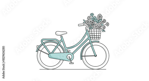 A cute pastel blue bicycle with a basket full of flowers is depicted in a clean, simple illustration.