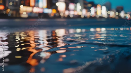 Urban Lights Reflect on Puddle After Rain, Tokyo Cityscape at Night