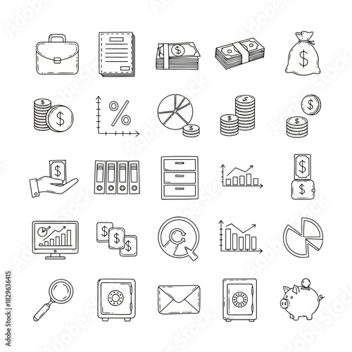 Set of business and finance icons including briefcase, documents, charts, and money bags