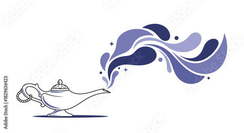 Outline of a magic genie lamp with purple smoke and sparkles emerging from the spout.