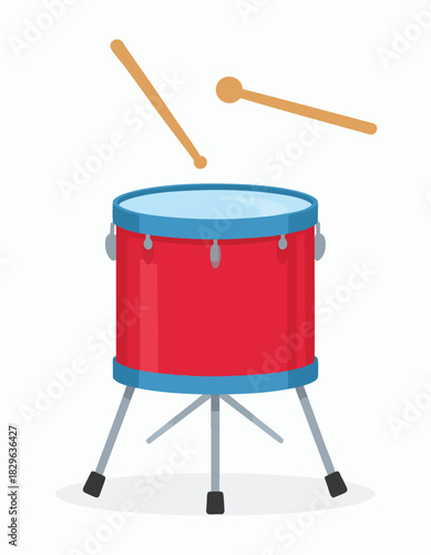 A red drum set with blue accents and two drumsticks floating above, ready to play.