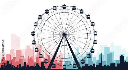 Silhouette of a Ferris wheel against a cityscape with red and blue buildings.