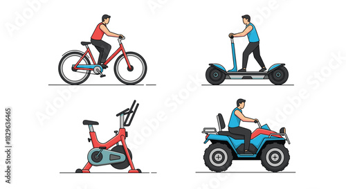 Collection of cartoon illustrations of people riding various vehicles and equipment.
