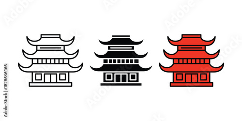 Pagoda Vector Set. Outline, Solid Black, and Red Traditional Asian Temple Icons. Asian Temple Illustration Pack