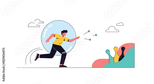 Man in a bubble running towards bowling pins, representing overcoming challenges and pursuing goals.