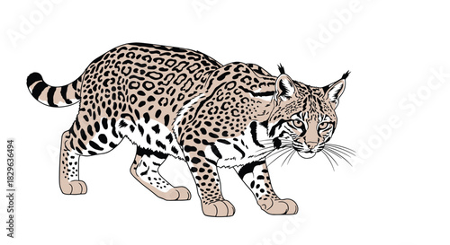 An illustration of an ocelot with tan fur and dark spots walking on a white background.