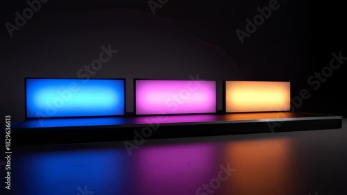 Three Blank Screens Show Multicolor Gradient on a Dark Stage