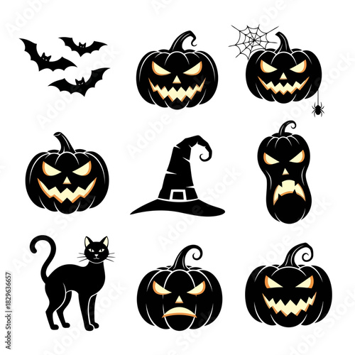 Halloweenthemed icons featuring bats, pumpkins, a witchs hat, a black cat, and a ghost on a