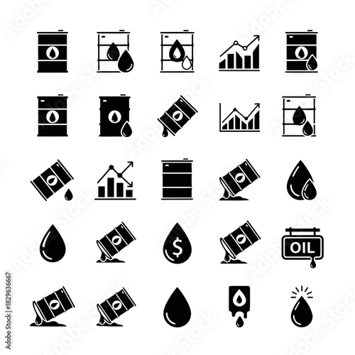 Set of black and white icons representing oil, finance, and economic growth concepts