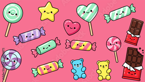 Adorable and Bright Collection of Cartoon Candies, Sweet Lollipops, Chocolates, and Gummy Bears on a Vibrant Pink Background, Perfect for Playful Designs and Children's Themes