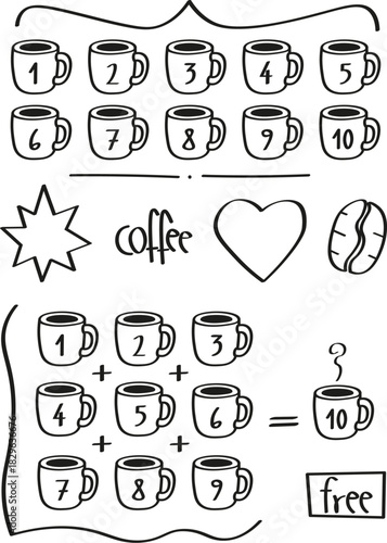 Coffee and Tea Drink Loyalty Card Template vector in balck and white doodle style