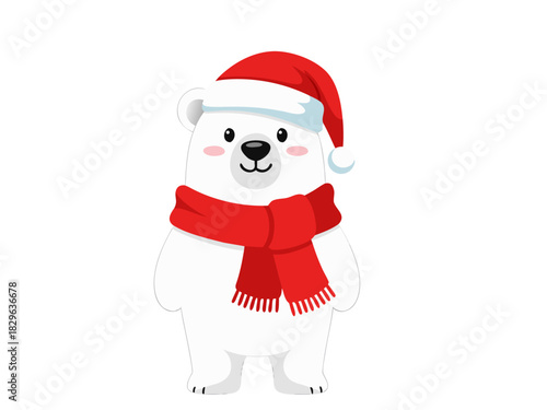 Cute cartoon polar bear character wearing a festive red Santa hat and a cozy scarf, isolated vector illustration ready for holiday season designs and winter projects