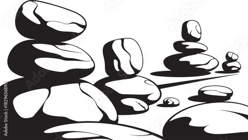 Pile of stones illustration balance Zen meditation stack pebble vector tower spa rock harmony gravel therapy cairn nature landscape