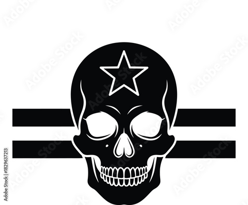 Black and white skull design with star and horizontal lines