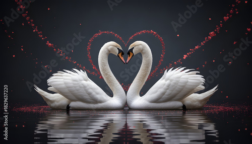 Fototapeta Naklejka Na Ścianę i Meble -  Swan Love: A pair of elegant swans form a heart with their necks, floating serenely on calm water, symbolizing love. Their reflection in the water adds to the romantic ambiance.
