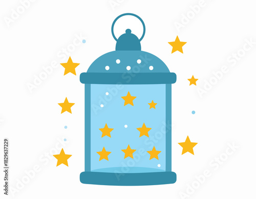 A stylized illustration of a blue lantern surrounded by yellow stars.
