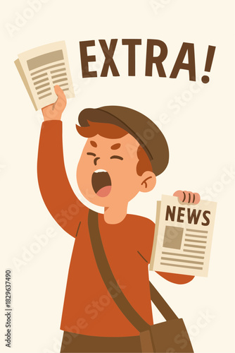 Boy Selling Newspapers on Street Corner