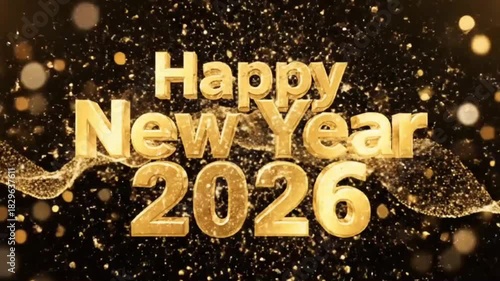 Happy New Year 2026 Glowing Gold 3D Text on Luxury Black Background