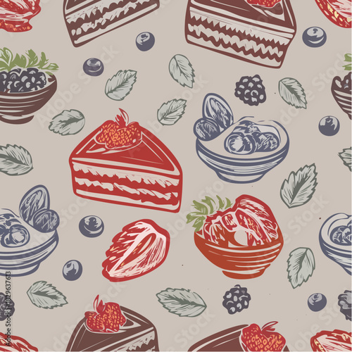 Chocolate, cashew, strawberry and blueberry doodle seamless pattern. 