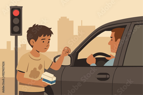 Child Selling Tissues at Car Window Illustration