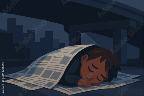 Child Sleeping Under Bridge Illustration