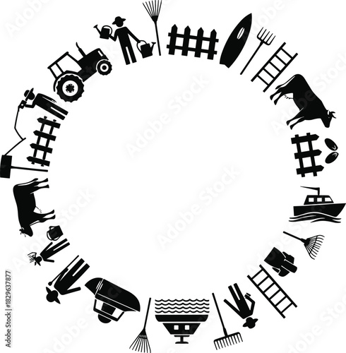 Black and white farm and agriculture vector icon circle, showing cattle, tractor, farmer, tools, harvest, fencing, boat, rake, ladder, equipment, and rural life concept on a plain background.