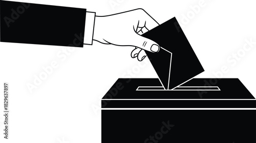 Black and White Illustration of a Hand Putting a Ballot into a Voting Box, Representing Democracy, Election, Political Choice, Freedom, Right to Vote, Civic Duty, and Government Selection Process.
