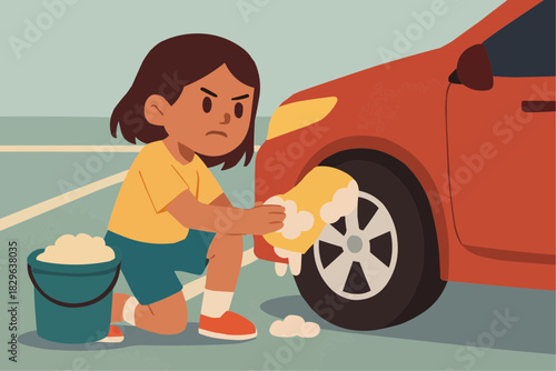 Little Girl Washing Car for Money Illustration