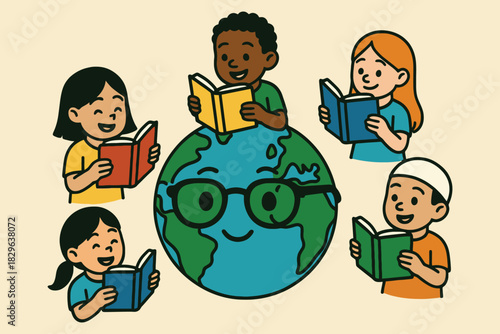 Diverse children reading books around a smiling cartoon earth with glasses