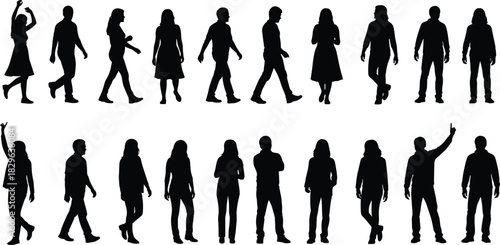 Diverse Collection of Casual People Silhouettes Walking, Standing, and Posing with Dynamic Gestures, Including Men and Women, Representing Pedestrians, Everyday Life, Movement, Communication