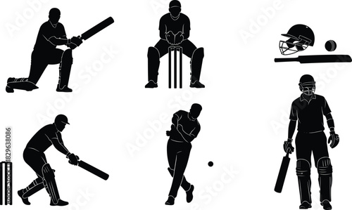 Cricket sport silhouettes collection professional players action poses batting bowling wicket keeper protective gear ball equipment black and white isolated vector graphic illustration.