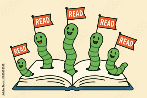 Happy cartoon bookworms emerging from an open book with read flags