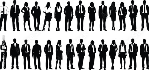 Extensive vector silhouette collection of diverse business people, including men and women in corporate suits, representing professionals, executives, office staff, finance workers, management