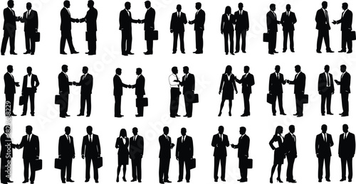 Extensive Collection of Business People Silhouettes Shaking Hands and Interacting, Representing Partnership, Agreement, Negotiation, Contract Signing, Teamwork, Deal Conclusion, Investment