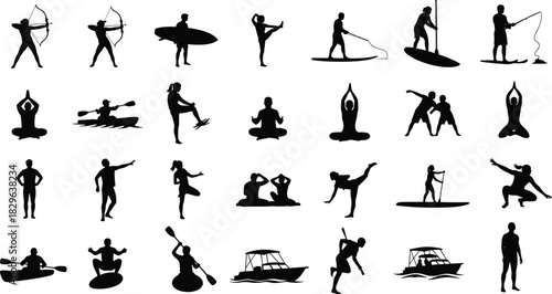 Extensive vector silhouette collection of people engaging in various outdoor and water sports, including yoga, kayaking, fishing, paddleboarding, archery, and boating, representing fitness