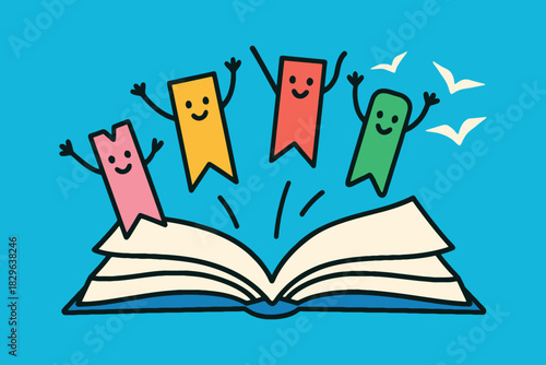Happy bookmarks jumping out of an open book