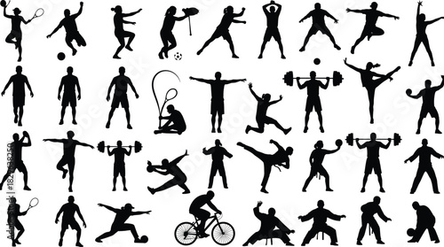 Extensive vector silhouette collection of various male and female athletes in action, representing diverse sports including weightlifting, soccer, tennis, cycling, martial arts, and general physical 