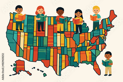 Children reading books on a united states map made of books