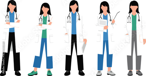 Female doctor character illustration set, medical professional vector artwork, healthcare worker team in lab coats, modern hospital staff cartoon design collection