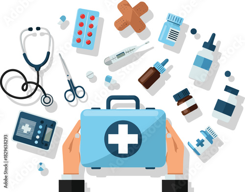 Hands Holding a Blue First Aid Kit Surrounded by Essential Medical Supplies, Including Stethoscope, Pills, Bandages, Thermometer, and Medicine Bottles, Representing Health, Emergency, and Wellness.