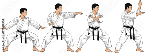 Karate Martial Arts Stances Vector Set, Featuring a Man in a White Gi and Black Belt Performing Basic Training Moves, Fight, Defense, and Sport Illustration.