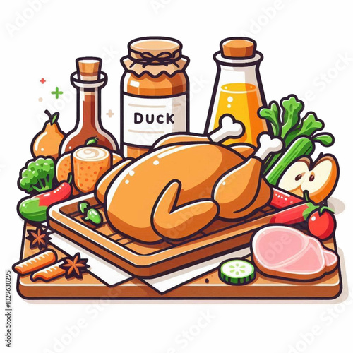 A roasted duck on a wooden board surrounded by fruits vegetables and condiments
