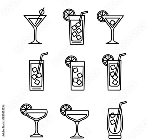Line art drinks cocktail glasses and beverages collection for menu design