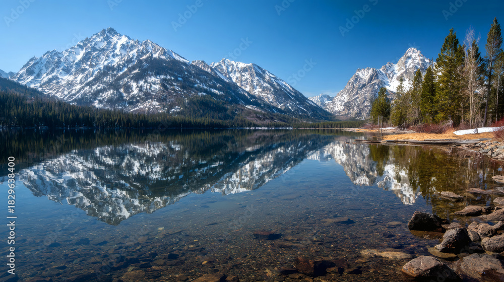Obraz premium Picturesque mountain range with clear water reflection under blue sky