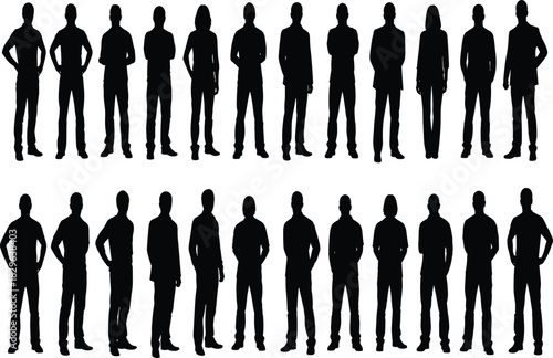 Large Collection of Standing Business People and Diverse Crowd Silhouettes, Including Men and Women, Representing Teamwork, Corporate Staff, Group Identity, Professionalism, and Human 